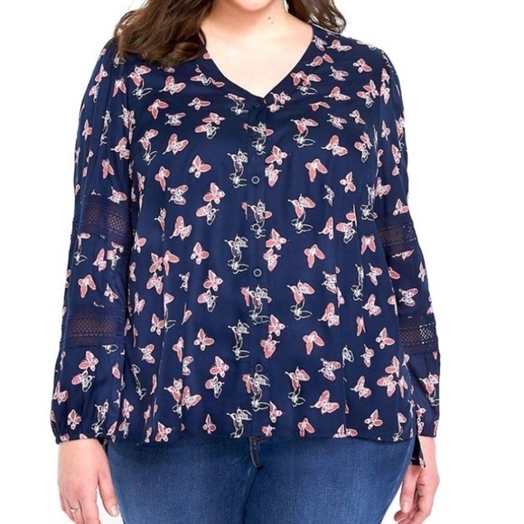 Lane Bryant Tops - Lane Bryant NoPeek ButtonFront Lace Trimmed Top LongSleeve Inky Butterfly 22/24